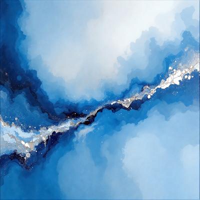 The primary subject of the image is a blue and white painting of a waterfall. The setting is a cloudy sky, and the visual style appears to be a digital art or illustration. The dominant colors in the painting are blue and white, creating a serene and calming atmosphere.